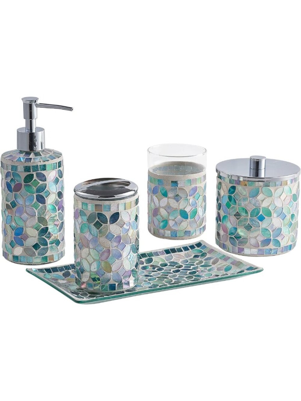 Mosaic Glass Bathroom Accessories Set - 5PCs Soap Dispenser, Cotton Jar, Tumbler